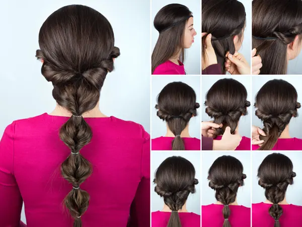 Young women with long hair shows step-by-step how to create a fancy braid.