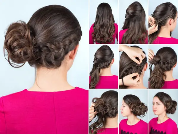 Young woman with long hair shows step-by-step how to put her hair in an updo.