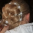 Back of woman's head showing her updo, decorated with pearls.